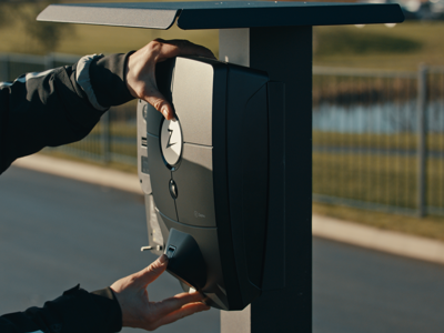 Elektriker installerer en ladeboks ved parkeringsplads.